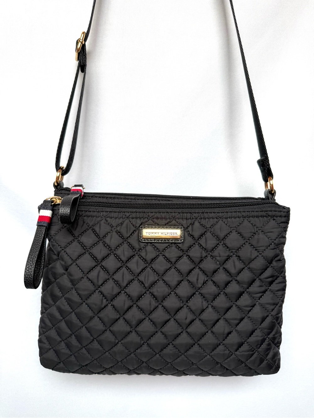Tommy Hilfiger Quilted Nylon Crossbody Bag Black Gold Lightweight